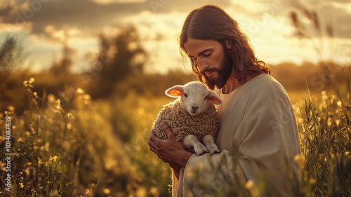 Jesus Christ holding a little lamb of Easter holiday concept in garden