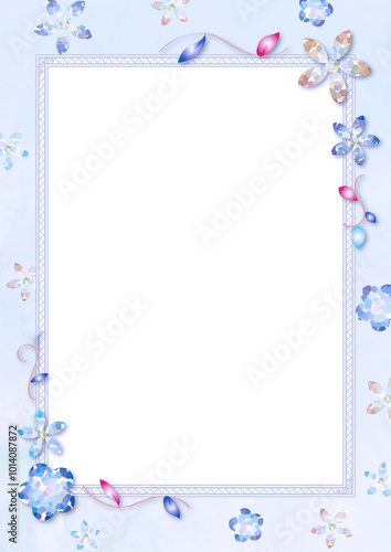 クリスタルフラワーのフレーム、カード背景、ブルー