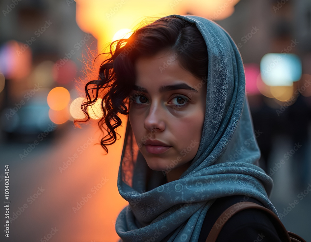 A young middle eastern woman with dark hair wearing a gray and white patterned hijab, looking directly at the camera with a thoughtful expression A young middle eastern woman with dark hair wearing a gray and white patterned hijab, looking directly at the camera with a thoughtful expression