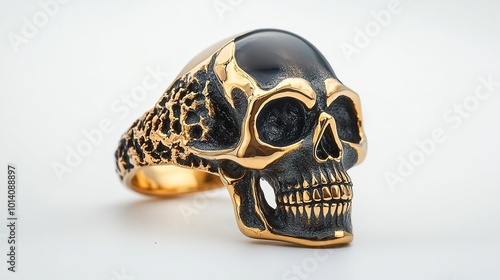 Black and Gold Gothic Skull Ring with Textured Design
