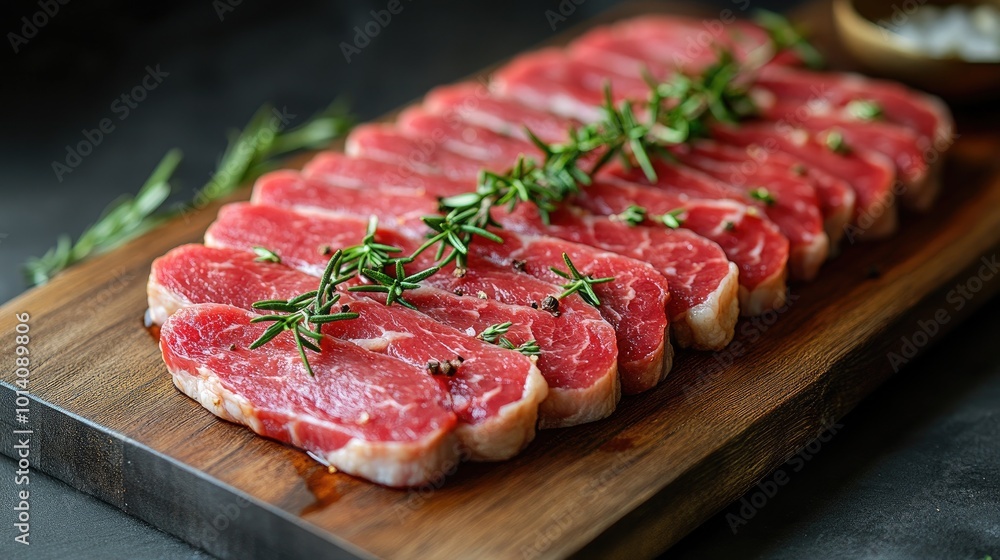 Fresh Raw Beef Steaks with Rosemary and Pepper on Wooden Board Ready for Cooking in Rustic Kitchen Setting Fresh Raw Beef Steaks with Rosemary and Pepper on Wooden Board Ready for Cooking in Rustic Kitchen Setting