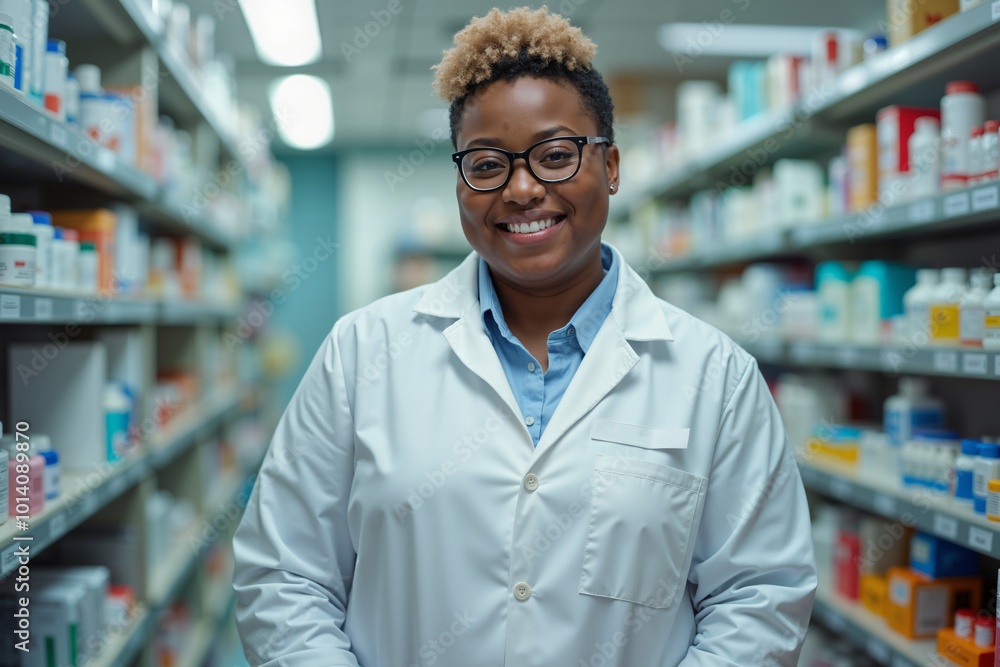 Smiling pharmacist stands confidently in a well-stocked pharmacy, ready to assist customers with their medication needs. Smiling pharmacist stands confidently in a well-stocked pharmacy, ready to assist customers with their medication needs.