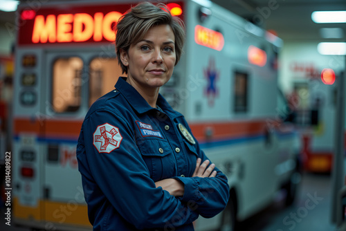 Female paramedic with a confident smile, standing in front of her ambulance. photo