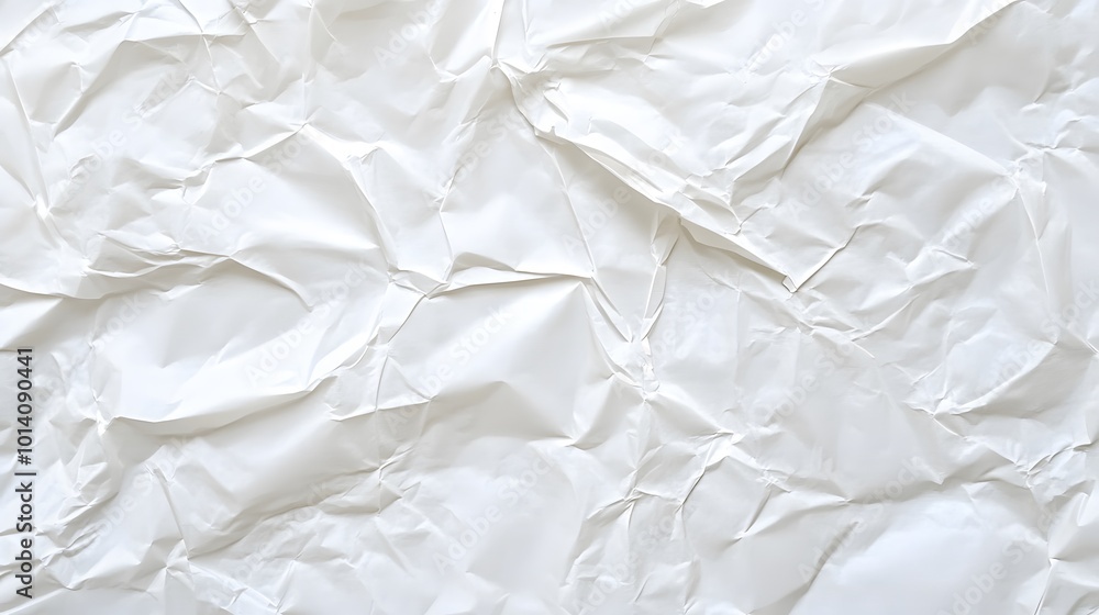 Wet crumpled white paper texture, showcasing a wrinkled and slightly translucent appearance with subtle water stains and creases
