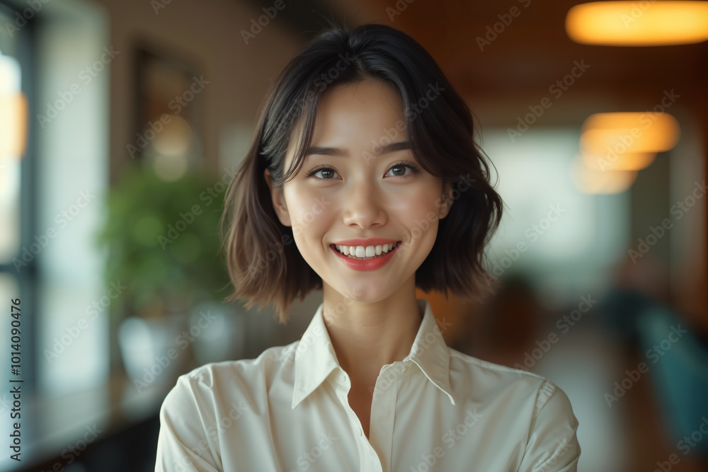 Young woman with a radiant smile, wearing a white blouse and standing in a well-lit room that suggests she might be a professional in a corporate or creative environment. Young woman with a radiant smile, wearing a white blouse and standing in a well-lit room that suggests she might be a professional in a corporate or creative environment.