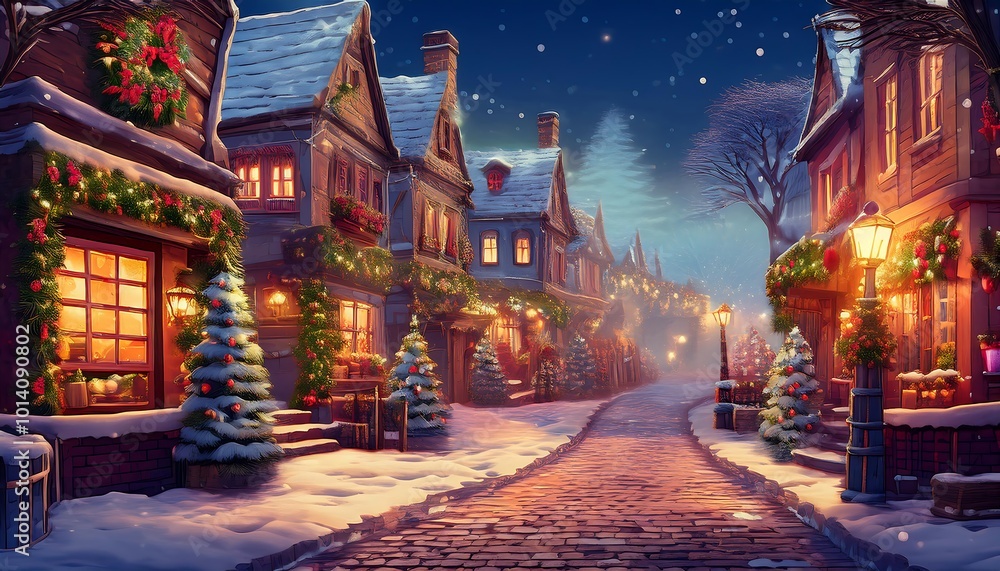 A cozy winter evening street with snow-covered buildings and flickering streetlights. Generative AI A cozy winter evening street with snow-covered buildings and flickering streetlights. Generative AI