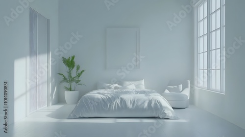 White home bedroom interior with a bed, lounge zone, and window, designed for relaxation and featuring a minimalist aesthetic