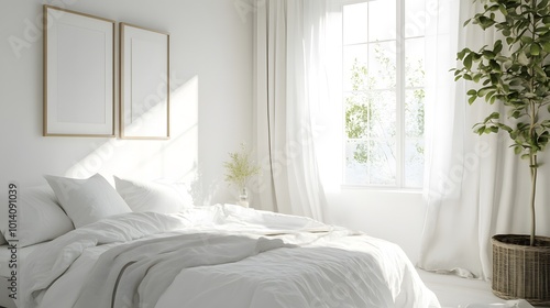 White home bedroom interior with a bed, lounge zone, and window, designed for relaxation and featuring a minimalist aesthetic