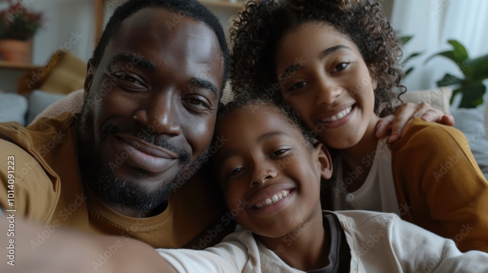 Portrait of a diverse family of five enjoying time together on the sofa. A caring couple takes a selfie with their adopted children in a cozy home setting Portrait of a diverse family of five enjoying time together on the sofa. A caring couple takes a selfie with their adopted children in a cozy home setting