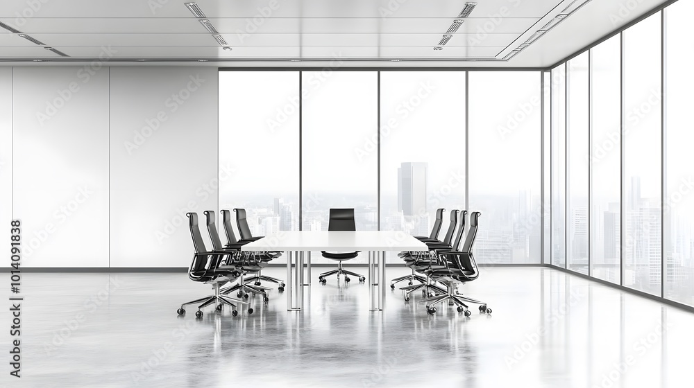 Fototapeta premium White office meeting room interior with table and chairs, panoramic window