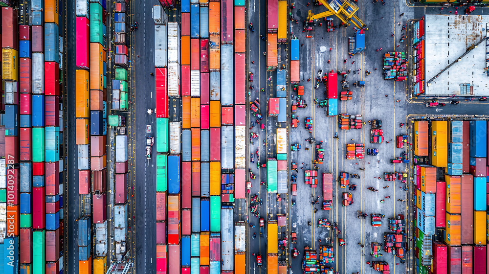 bird's-eye view of a busy port with workers moving among colorful containers bird's-eye view of a busy port with workers moving among colorful containers