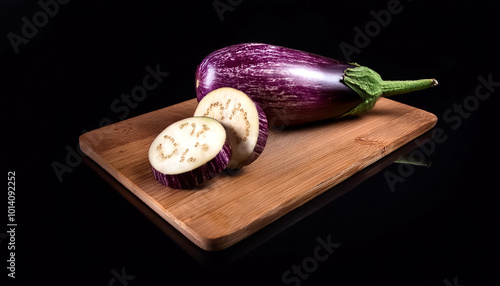 Purple eggplant with some slices placed on a cutting board on a black background photo