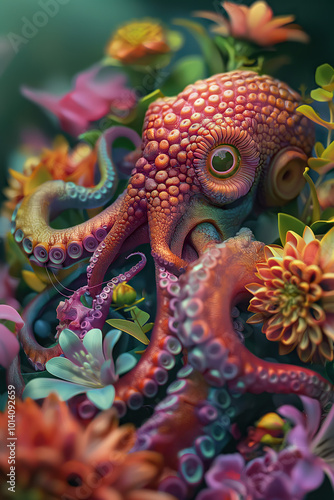 animal art, octopus surrounded by flowers, colorful composition, fantasy, bokeh, photorealistic