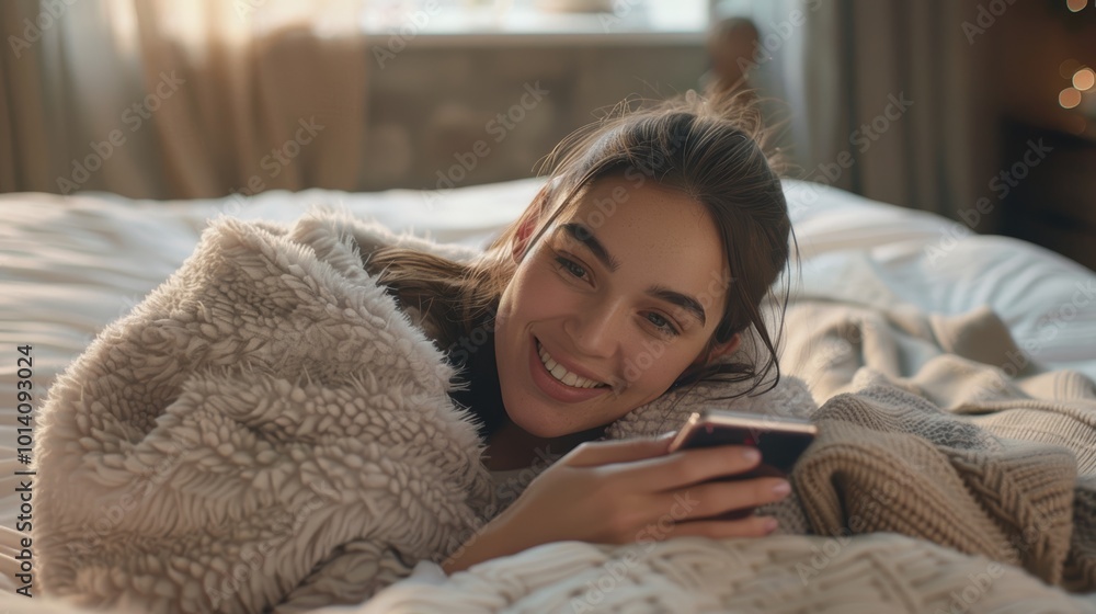 Relaxed woman using a phone in bed to type a social media post, browse the web, or read online content Relaxed woman using a phone in bed to type a social media post, browse the web, or read online content