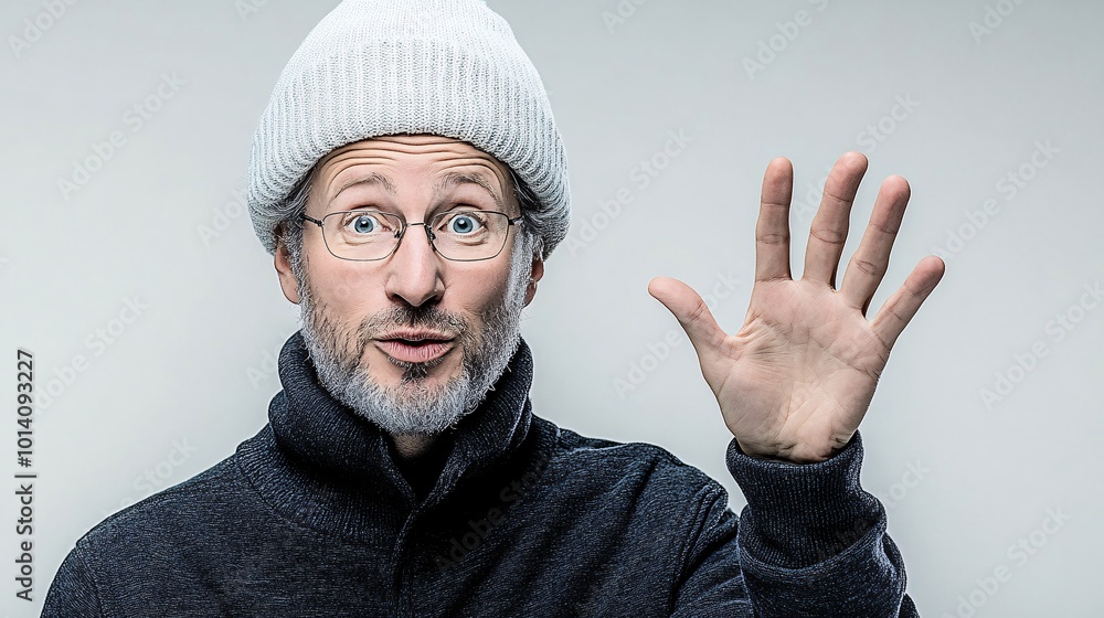 middle aged white man standing with one hand extended to camera with palm raised in middle aged white man standing with one hand extended to camera with palm raised in