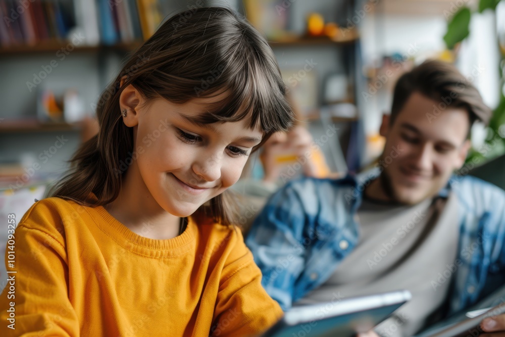 Childrens learning and enjoyable activities with mother teaching on a tablet while father works remotely. A modern family engaging with online applications and internet resources Childrens learning and enjoyable activities with mother teaching on a tablet while father works remotely. A modern family engaging with online applications and internet resources