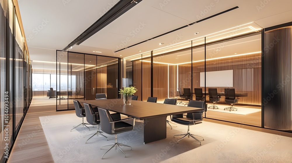 Wooden glass office meeting interior with a conference board, combining ...