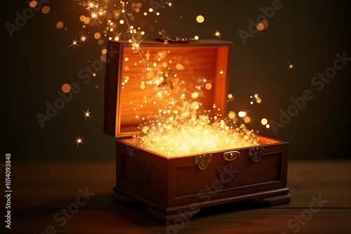 Music box with glowing light pouring out, transforming into sparkling trails, magical and whimsical atmosphere