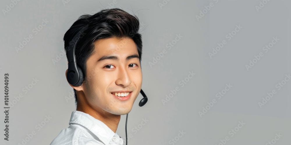 Smiling man wearing a headset with a microphone, representing customer service and tech support, with a mockup space for communication concepts Smiling man wearing a headset with a microphone, representing customer service and tech support, with a mockup space for communication concepts