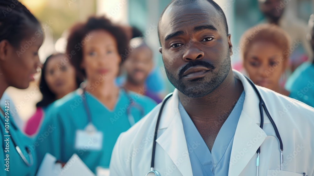 Serious team of medical professionals collaborating and focused on their tasks in a clinical setting Serious team of medical professionals collaborating and focused on their tasks in a clinical setting