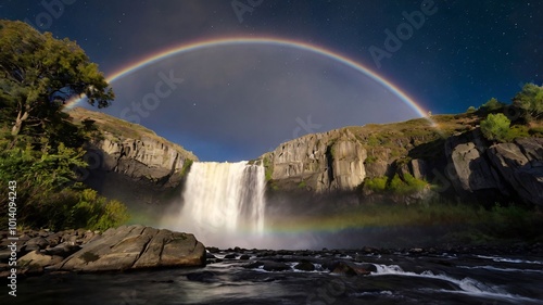 Rare capture of a moonbow (lunar rainbow) arcing over a misty waterfall photo