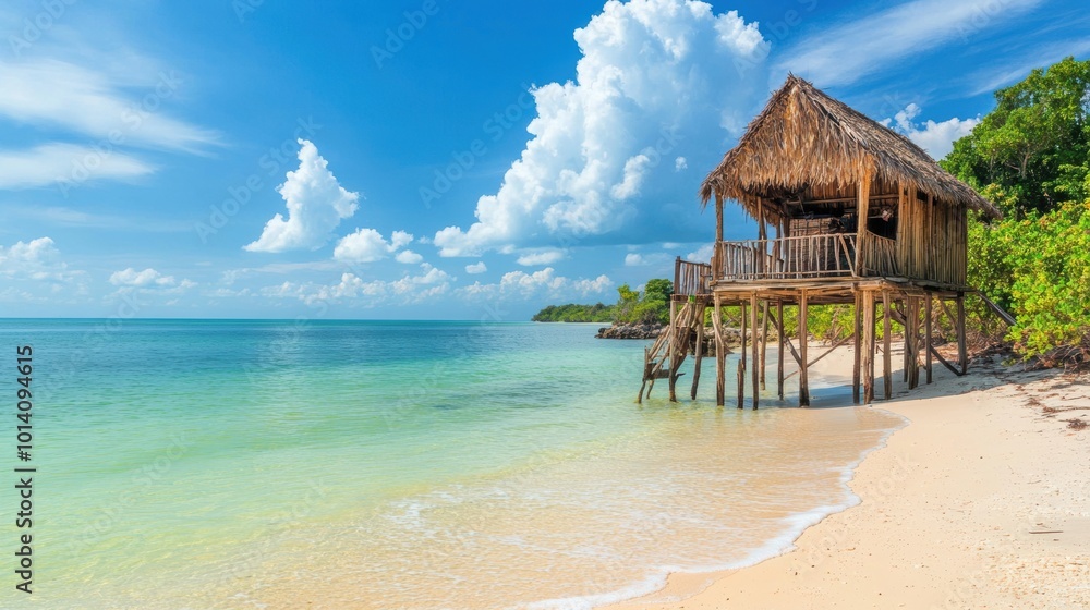 A rustic stilt house stands on a tropical beach, overlooking clear turquoise water under a vibrant blue sky, capturing idyllic coastal living and natural beauty.
A rustic stilt house stands on a tropical beach, overlooking clear turquoise water under a vibrant blue sky, capturing idyllic coastal living and natural beauty.