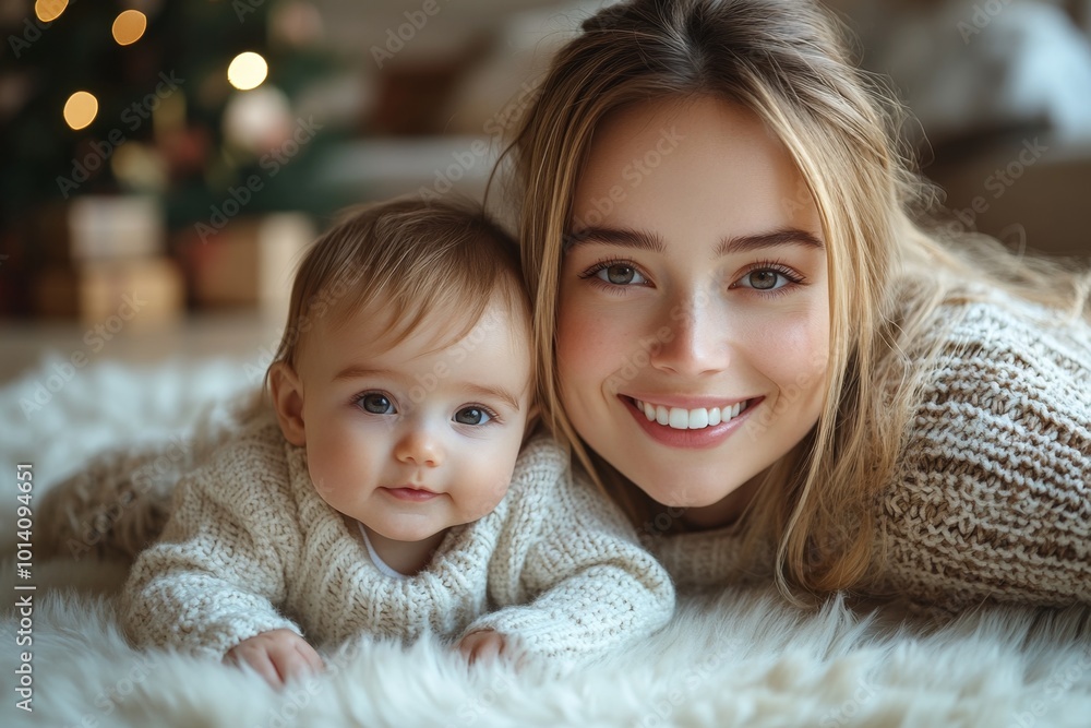 Obraz premium Beautiful young mother and her adorable little baby in warm knitted hats and scarves on the background of the Christmas tree. Happy family concept.