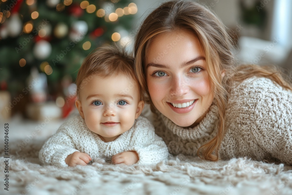 Beautiful young mother and her adorable little baby in warm knitted hats and scarves on the background of the Christmas tree. Happy family concept. Beautiful young mother and her adorable little baby in warm knitted hats and scarves on the background of the Christmas tree. Happy family concept.