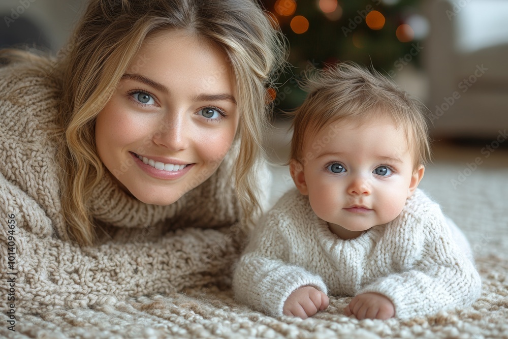 Beautiful young mother and her adorable little baby in warm knitted hats and scarves on the background of the Christmas tree. Happy family concept.