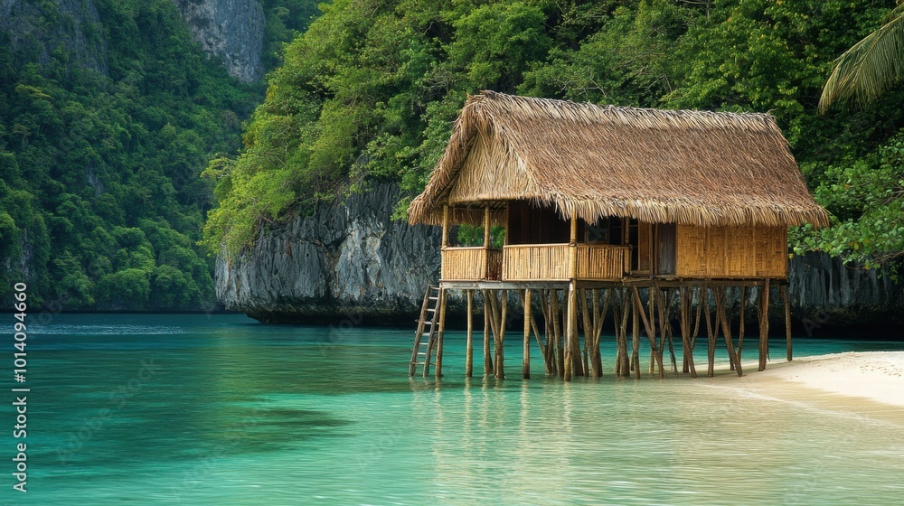 A traditional stilt house on a tropical beach with clear turquoise water, surrounded by lush green foliage and cliffs, embodying serene and secluded coastal living.
A traditional stilt house on a tropical beach with clear turquoise water, surrounded by lush green foliage and cliffs, embodying serene and secluded coastal living.