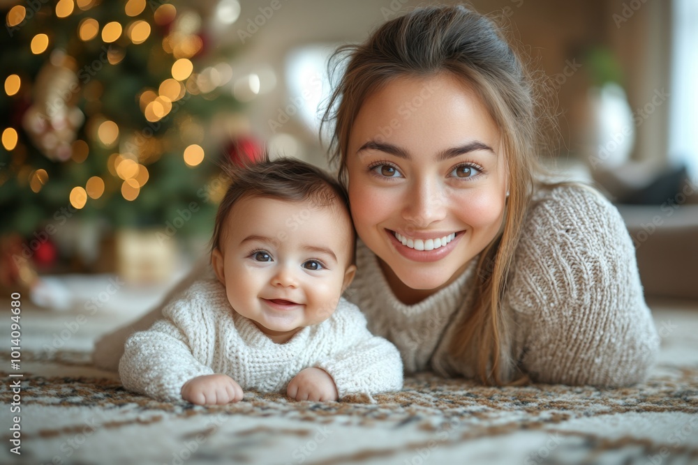 Obraz premium Beautiful young mother and her adorable little baby in warm knitted hats and scarves on the background of the Christmas tree. Happy family concept.