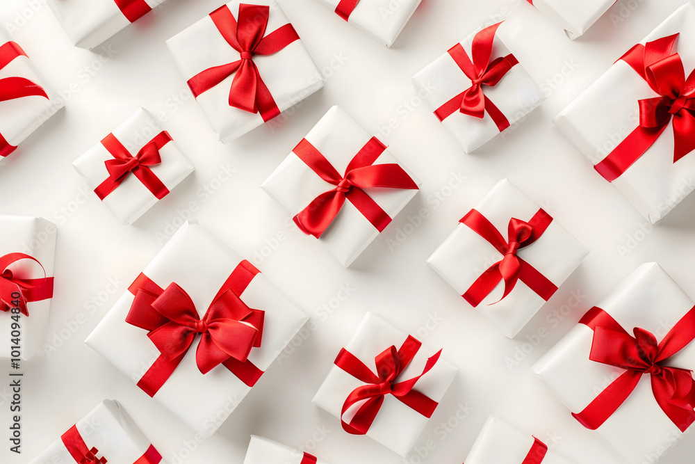 White gift boxes with red ribbon, flat lay. High quality photo White gift boxes with red ribbon, flat lay. High quality photo