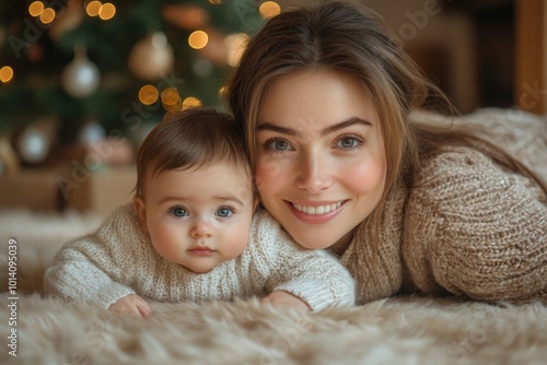 Beautiful young mother and her adorable little baby in warm knitted hats and scarves on the background of the Christmas tree. Happy family concept.