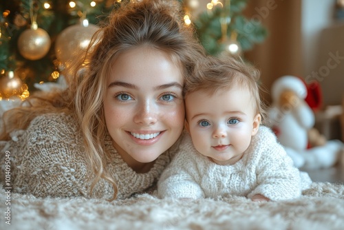 Beautiful young mother and her adorable little baby in warm knitted hats and scarves on the background of the Christmas tree. Happy family concept.