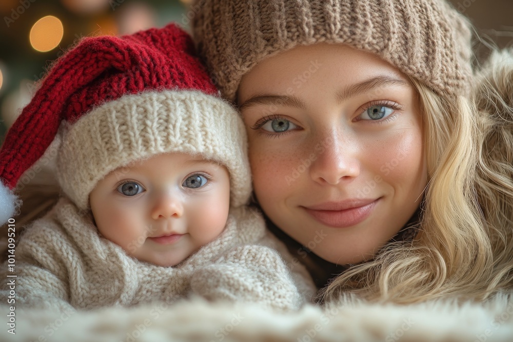Baby wearing santa hat. Beautiful young mother and her adorable little baby in warm knitted hats and scarves on the background of the Christmas tree. Happy family concept. Baby wearing santa hat. Beautiful young mother and her adorable little baby in warm knitted hats and scarves on the background of the Christmas tree. Happy family concept.