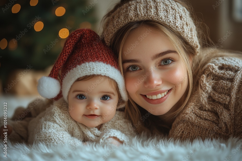 Beautiful young mother and her adorable little baby in warm knitted hats and scarves on the background of the Christmas tree. Happy family concept. Beautiful young mother and her adorable little baby in warm knitted hats and scarves on the background of the Christmas tree. Happy family concept.