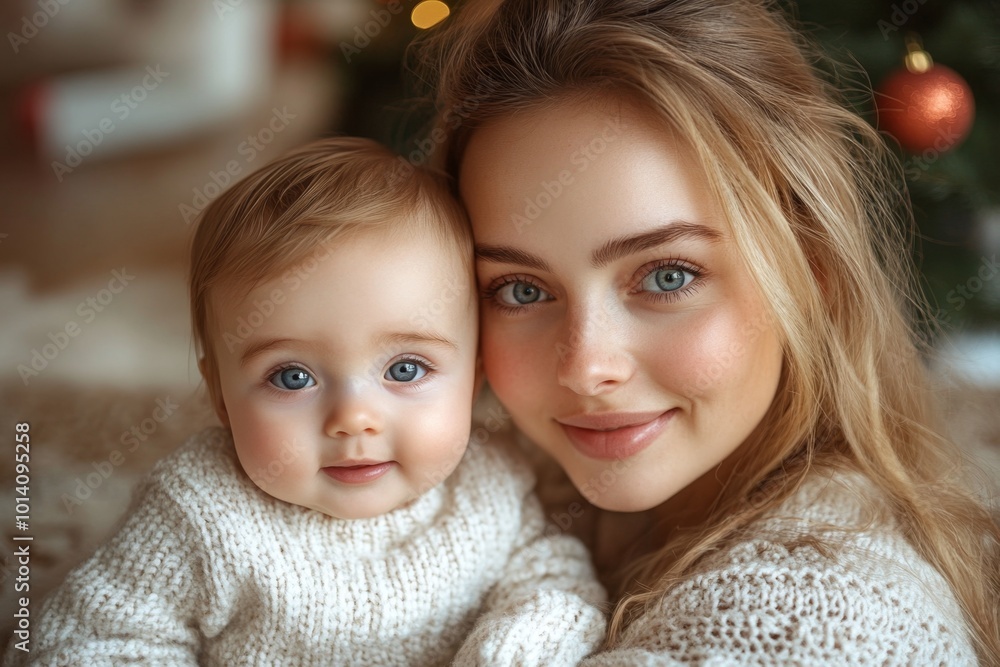 Beautiful young mother and her adorable little baby in warm knitted hats and scarves on the background of the Christmas tree. Happy family concept. Beautiful young mother and her adorable little baby in warm knitted hats and scarves on the background of the Christmas tree. Happy family concept.