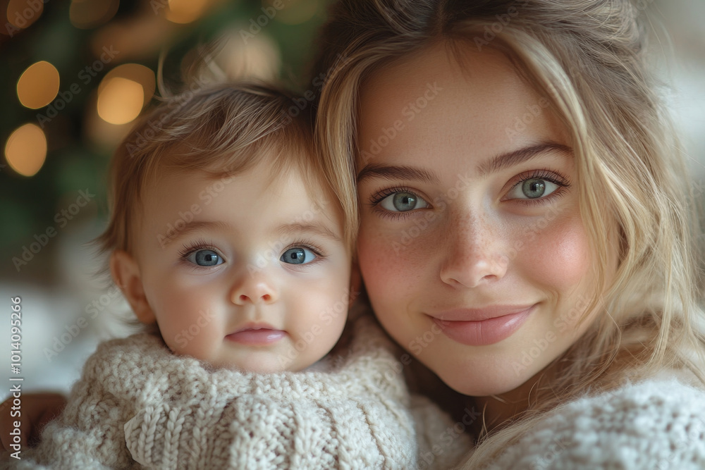 Beautiful young mother and her adorable little baby in warm knitted hats and scarves on the background of the Christmas tree. Happy family concept. Beautiful young mother and her adorable little baby in warm knitted hats and scarves on the background of the Christmas tree. Happy family concept.