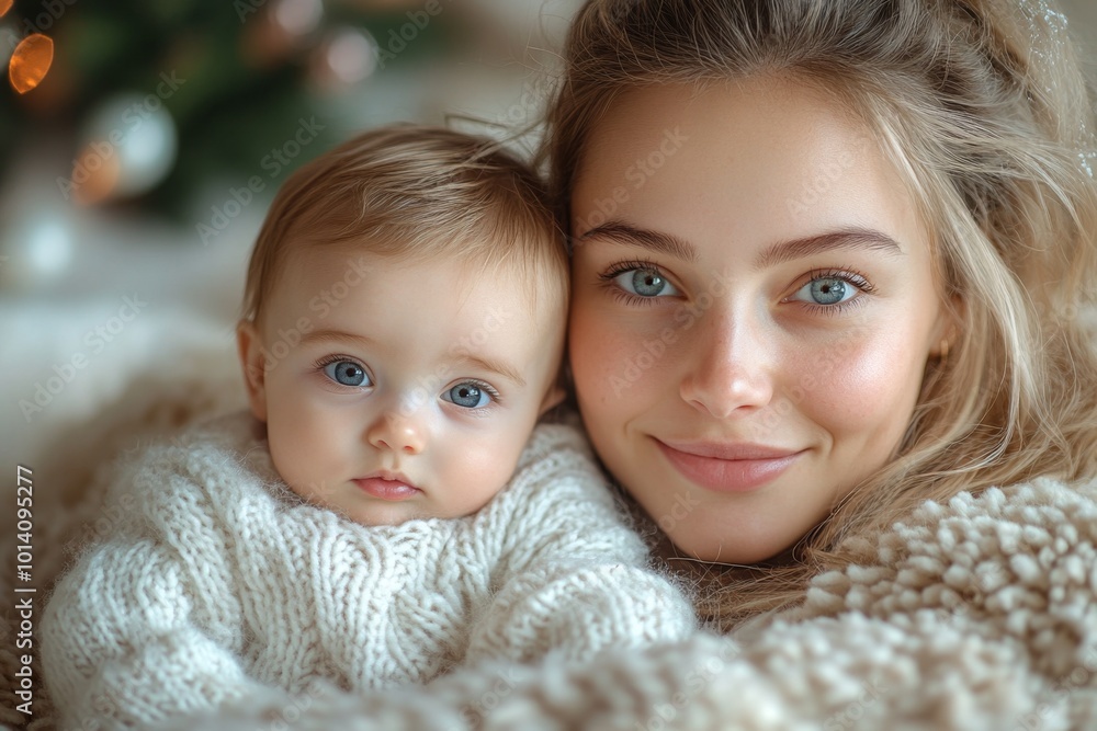 Beautiful young mother and her adorable little baby in warm knitted hats and scarves on the background of the Christmas tree. Happy family concept. Beautiful young mother and her adorable little baby in warm knitted hats and scarves on the background of the Christmas tree. Happy family concept.
