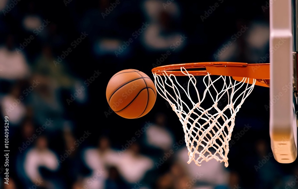 Basketball in Mid-Air Approaching Hoop. Action Shot During Basketball Game. Basketball in Mid-Air Approaching Hoop. Action Shot During Basketball Game.