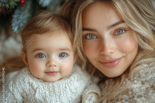 Beautiful young mother and her adorable little baby in warm knitted hats and scarves on the background of the Christmas tree. Happy family concept.