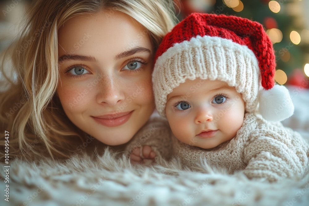Baby wearing santa hat. Beautiful young mother and her adorable little baby in warm knitted hats and scarves on the background of the Christmas tree. Happy family concept. Baby wearing santa hat. Beautiful young mother and her adorable little baby in warm knitted hats and scarves on the background of the Christmas tree. Happy family concept.