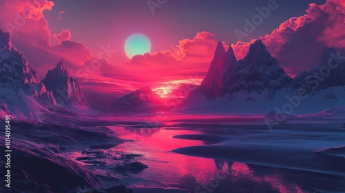 Pink Sunset Over Snowy Mountains