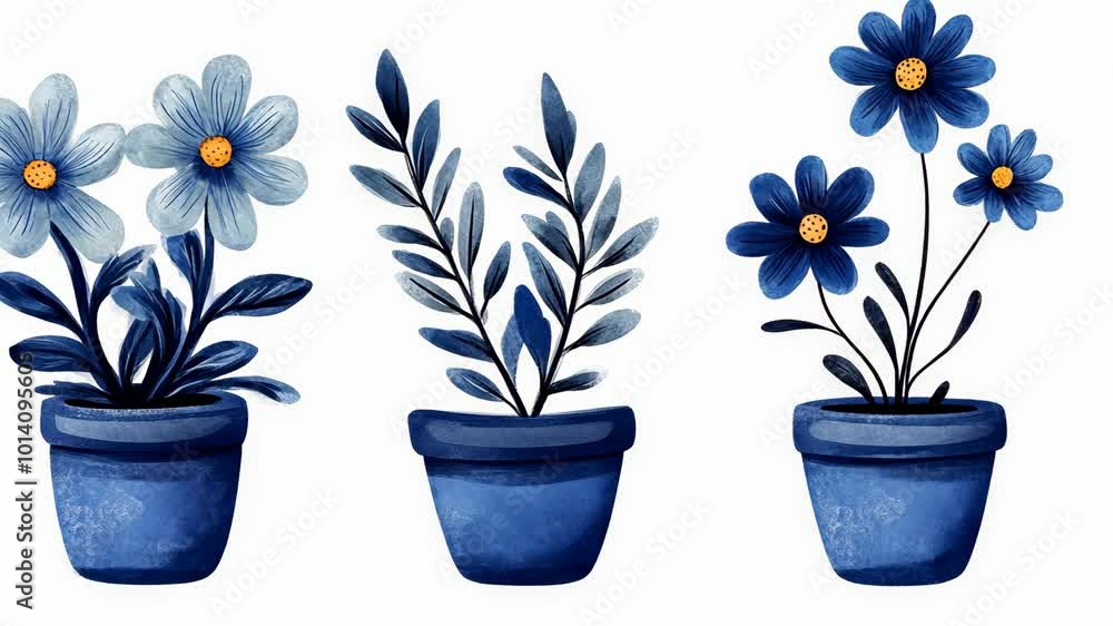 Three blue flower pots with different plants sit on a white background Three blue flower pots with different plants sit on a white background