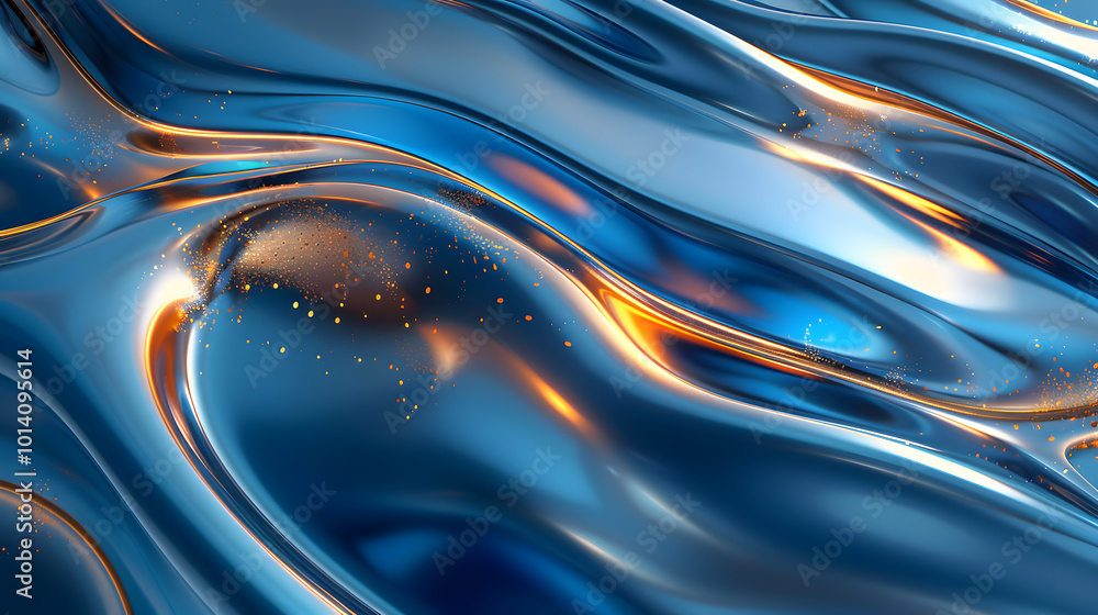 Obraz premium A closeup of a liquid blue and orange abstract background with a fluid pattern resembling water ripples. The colors blend into azure, purple, and electric blue, creating a mesmerizing effect