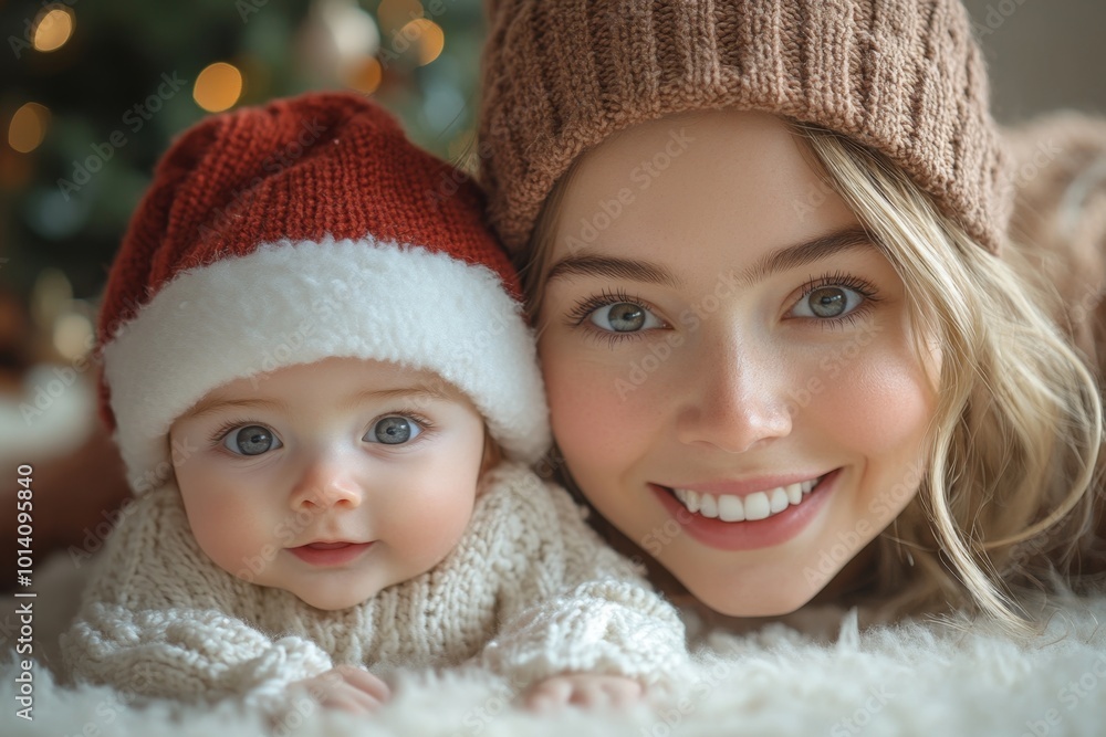 Beautiful young mother and her adorable little baby in warm knitted hats and scarves on the background of the Christmas tree. Happy family concept. Beautiful young mother and her adorable little baby in warm knitted hats and scarves on the background of the Christmas tree. Happy family concept.