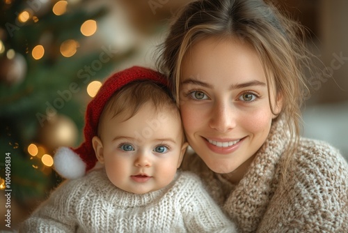 Beautiful young mother and her adorable little baby in warm knitted hats and scarves on the background of the Christmas tree. Happy family concept.