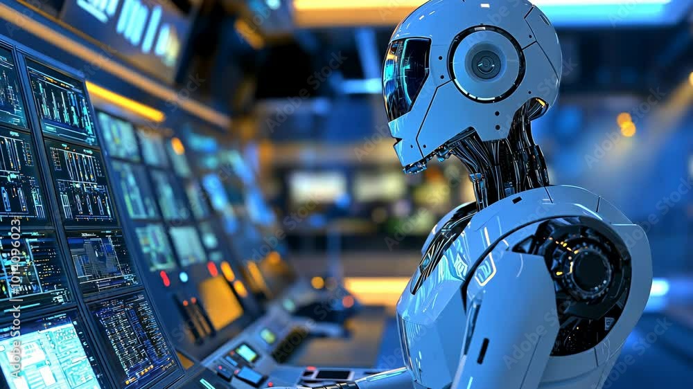 A white robot works at a computer terminal in a futuristic control room A white robot works at a computer terminal in a futuristic control room