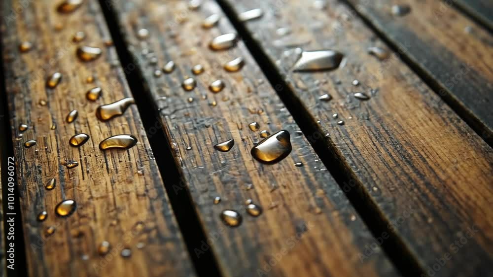 Water droplets on a wooden surface, creating a beautiful and textured scene Water droplets on a wooden surface, creating a beautiful and textured scene