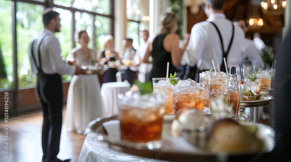 guests enjoying a cocktail reception, with servers circulating with trays of drinks and appetizers, guests enjoying a cocktail reception, with servers circulating with trays of drinks and appetizers,